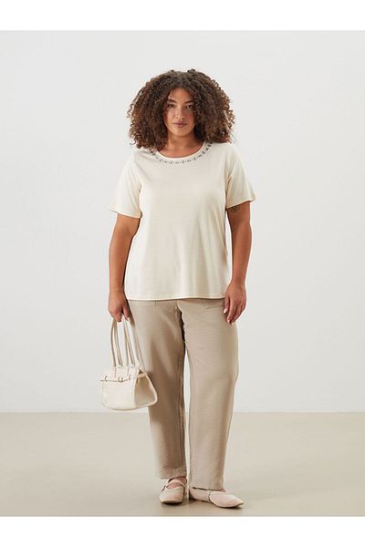 LC Waikiki Grace Beige Crew Neck Stoned Linen Blended Blouse