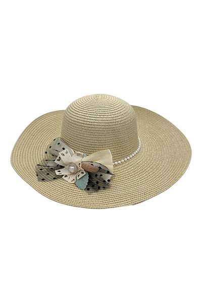 BaoBao Women's summer hat with wide brim, decorative bow and pearls - elegant and refined style