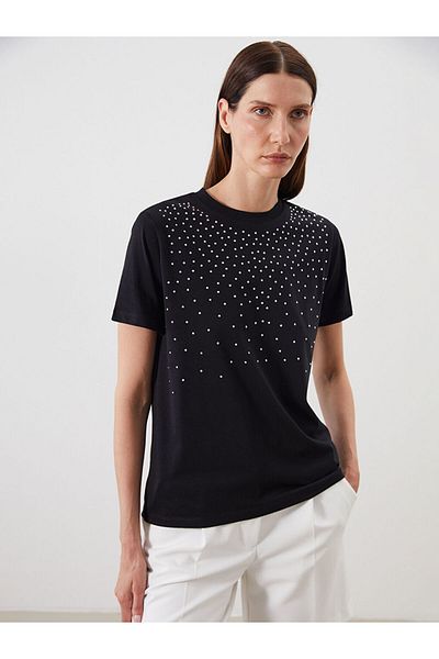 LC Waikiki New Black Crew Neck Stone Women's T-Shirt