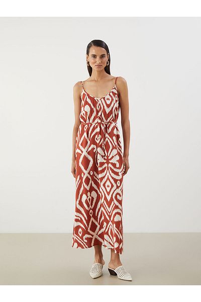 LC Waikiki Orange V-Neck Patterned Strap Dress