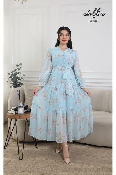 Stylish فستان شيفون مورد باللون الأزرق