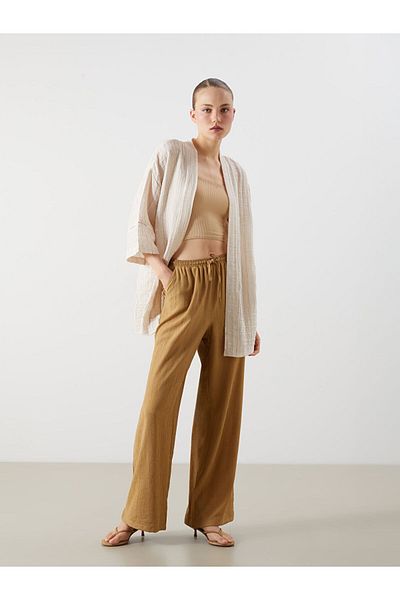 LC Waikiki Beige Shawl Collar Textured Oversize Muslin Women's Kimono