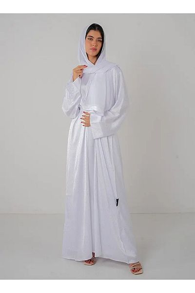 Jameela White Satin Bling Open Abaya 3 pieces Set