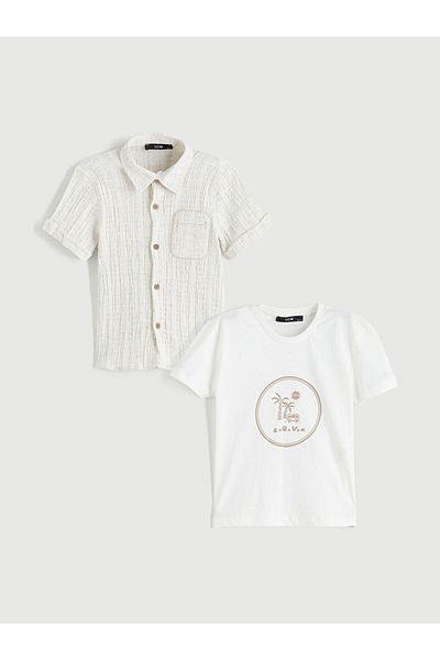 LC Waikiki Beige Printed Boys' Shirt and T-Shirt 2-Piece