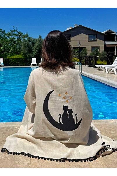 Satori Design Ay Üzerindeki Kediler Temalı El Boyama Müslin Kimono Plaj Elbis...