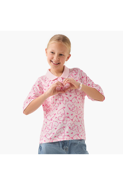 Juniors Heart Print Polo T-shirt with Half Button Placket and Short Sleeves