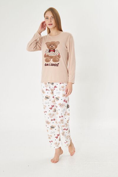 Pajama Shop Γυναικείο σετ πιτζάμες από 100% βαμβακερό ύφασμα, γαλακτώδες καφέ, με σχέδιο αρκουδάκι, μακρυμάνικο, με λαιμόκοψη