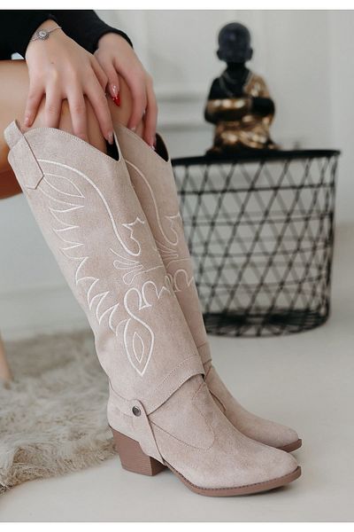 CONAHOME Jilla Beige Suede Removable Heeled Boots and Boots