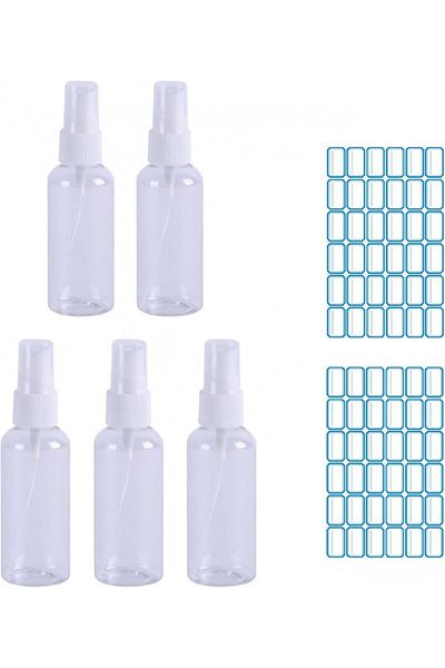 Bavooty Set de 5 sticle cu pulverizator și 36 etichete Bavooty, plastic/hârtie, transparente, 92 x 22 mm