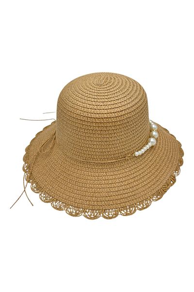 BaoBao Elegant women's summer hat with medium brim and wavy edge - accessory with pearls
