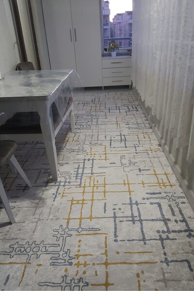 CENTER AVM Beyaz Hardal Halı Leke Tutmaz Mutfak Halısı Makinede Yıkanabilir K...