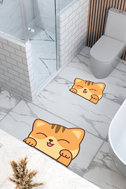THEMODERNHANE Επιτραπέζιο χαλάκι μπάνιου με σχέδιο γάτας, αντιολισθητική βάση, πλένεται στο πλυντήριο, ψηφιακή εκτύπωση, σετ 2 τεμαχίων