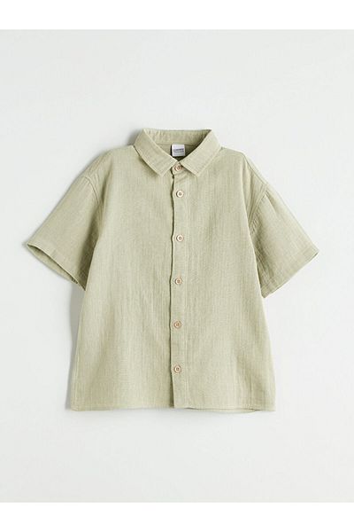 LC Waikiki Green Short-Sleeved Boy's Muslin Shirt
