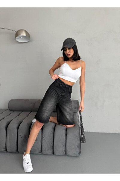 Zeo Basic Women's Midi Black Jeans Bermuda Shorts