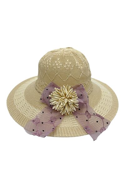 BaoBao Women's summer hat with small brim, decorative bow and textile flower – elegant style, 100% polyester