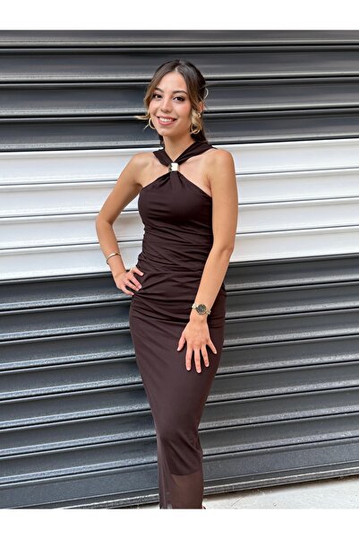 Bahar gold tokalı omuz askılı elbise