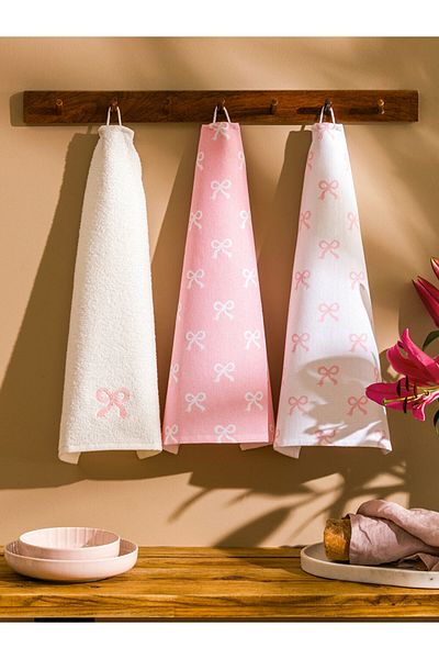 LC Waikiki Pink Bow Embroidered Drying Cloth Set of 3 40X50 cm