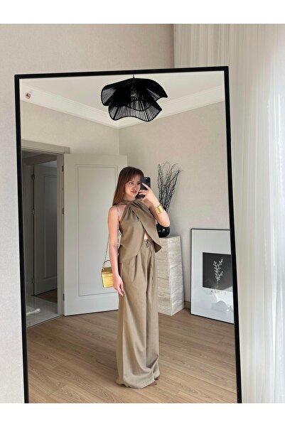 BAŞARAN Σετ μπλούζα και πανταλόνι Halter Neck διπλό πέτο Καφέ