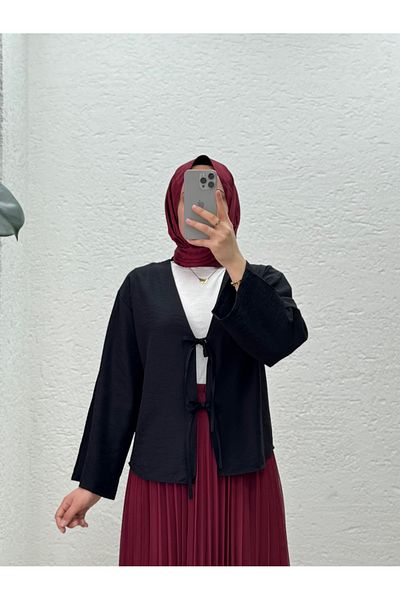 MİHRA STORE Kimono scurt din țesătură căpșuni Mirona cu șireturi în față-MF210 Negru