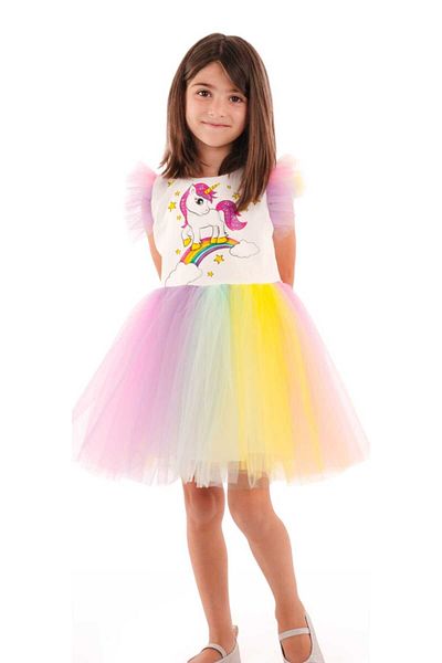 HMZ GOLD Unicorn Printed Colorful Dress Party, Birthday Special Occasion Dress