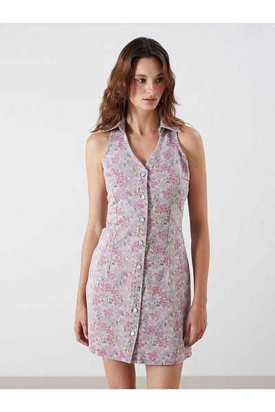 LC Waikiki Pink Shirt Collar Floral Jean Dress