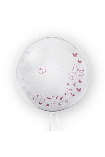 OEM Transparent Balloon, Double-Sided Print, Butterfly Decor, Pink, 45 cm