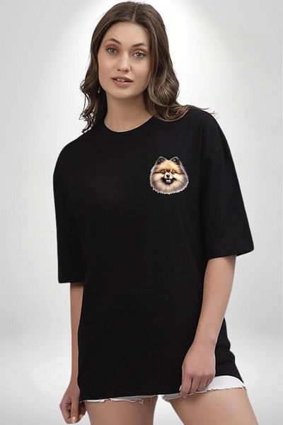 Angemiel Legendary Pomeranian Small Breed Dog Design Black Oversize Women Men Front Minimal Printed T-Shirt