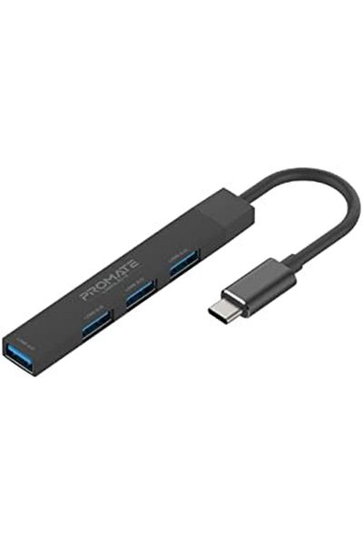 Promate موزع USB-C متعدد المنافذ، محول OTG خفيف الوزن 4 في 1، LiteHub-4-أسود
