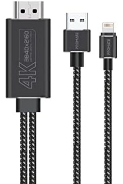 Promate 4K HDMI Cable, Ultra HD Durable Lightning Connector to HDMI Cable with USB Charging Bridge,