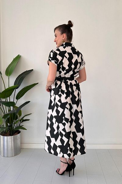 MaziButik Belted Broken Pattern Poplin Dress Black