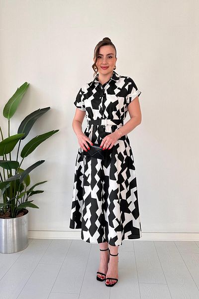 MaziButik Belted Broken Pattern Poplin Dress Black
