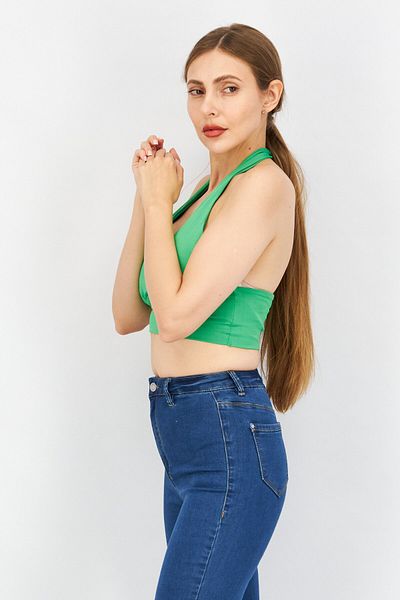 Sinsay Women Tie Neck Sleeveless Plain Crop Top, Green