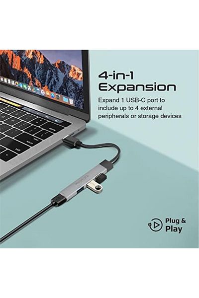 Promate موزع USB-C، محول مزامنة/شحن 4 في 1 من النوع C مع محول USB-A