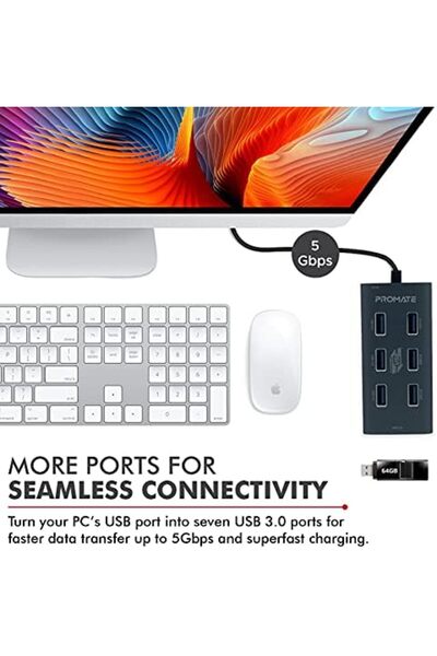 Promate موزع USB 3.0 مزود بـ 7 منافذ، منفذ من سبائك الألومنيوم محمول مزود بمنفذ USB 3.0