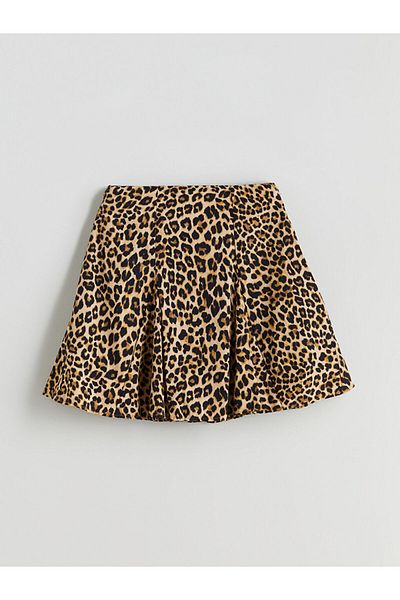 LC Waikiki Brown Leopard Patterned Pleated Mini Skirt with Zipper at Waist