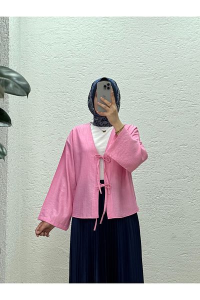 MİHRA STORE Kimono scurt din țesătură căpșuni Mirona cu șireturi în față-MF210 roz