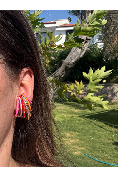 bijuxbymrv Özel Seri Taşlı Kırmızı Pembe Turuncu Küpe Earcuff
