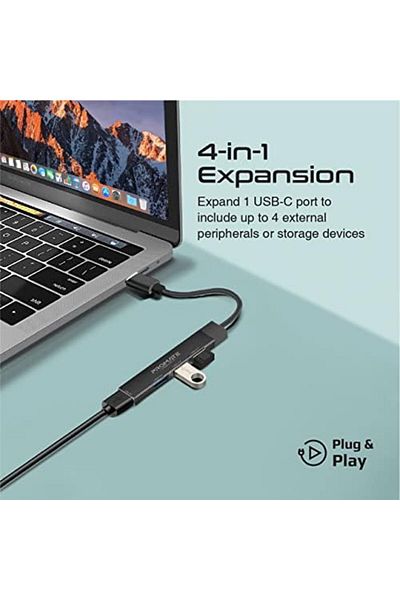 Promate موزع USB-C متعدد المنافذ، محول OTG خفيف الوزن 4 في 1، LiteHub-4-أسود