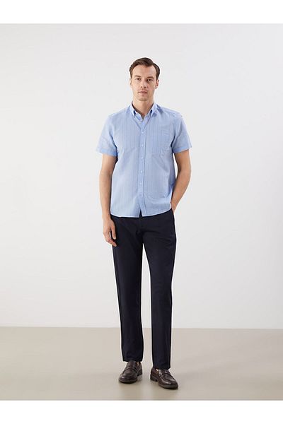 LC Waikiki Blue Regular Fit Short Sleeve Striped Poplin Men's Shirt