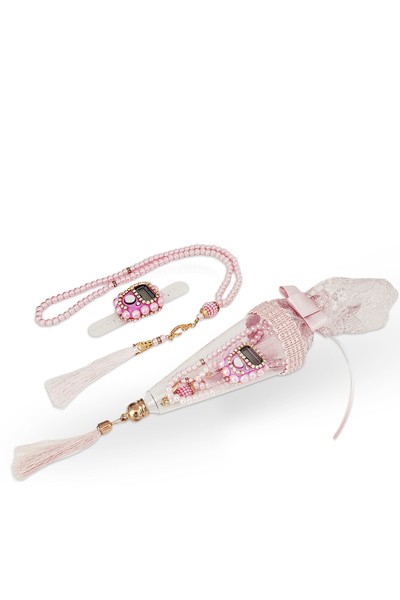 Yeşilipek Pleksi Dantelli Külah Zikirmatik & İnci Tesbih Set - Pembe