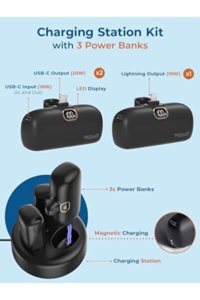 Generic PEGANT Power Bank 5000mAh, 3 Compact Powerbanks with Charging Station, USB C Fast Charging Travel Ch