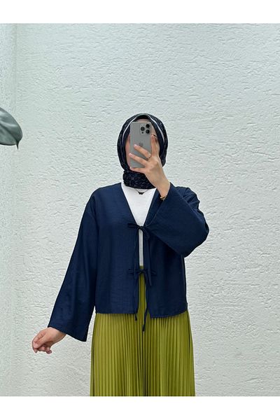 MİHRA STORE Kimono scurt din țesătură căpșuni Mirona cu șireturi în față-MF210 bleumarin
