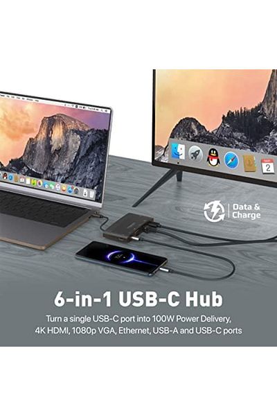 Promate محول USB-CHub، 6 في 1 من النوع C للمزامنة/الشحن مع منفذ HDMI بدقة 4K، ومنفذ VGA بدقة 1080 بكسل، وشبكة LAN بسرعة 1000 ميجابت في الثانية، ومنفذ USB-C بقوة 100 وات