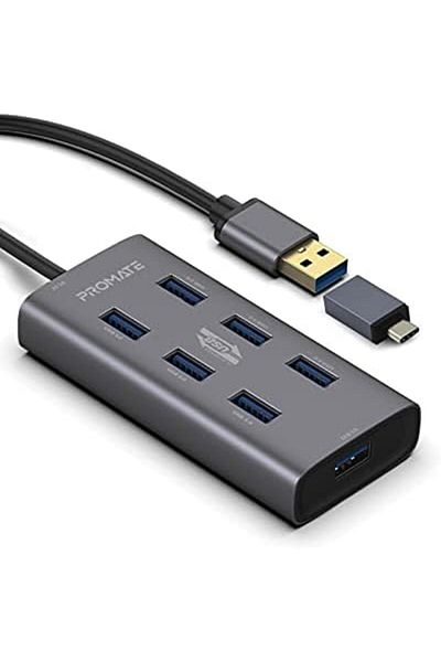 Promate 7 Port USB 3.0 Hub, Portable Aluminium Alloy Port USB 3.0 Powered Hub