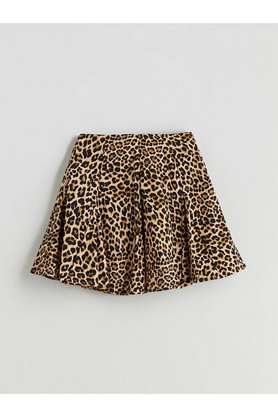 LC Waikiki Brown Leopard Patterned Pleated Mini Skirt with Zipper at Waist