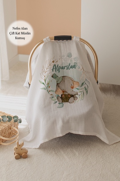 Lilabio %100 Pamuk İsme Özel Çift Katlı Müslin Puset Örtüsü - Fil