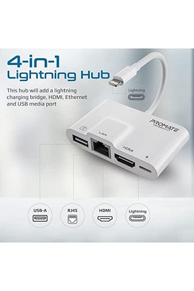 Promate Lightning to HDMI Adapter for iPhone/iPad, Portable 4-in-1 OTG Lightning Multimedia Hub