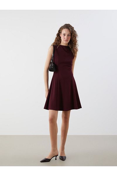 LC Waikiki Burgundy Crew Neck Peplum Mini Dress