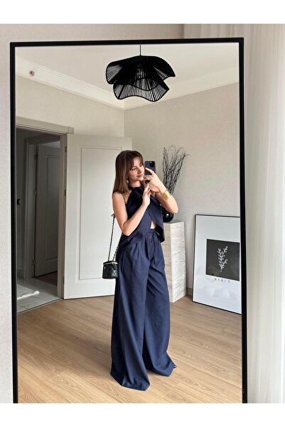 BAŞARAN Σετ μπλούζα και παντελόνι Halter Neck διπλό πέτο Navy Blue