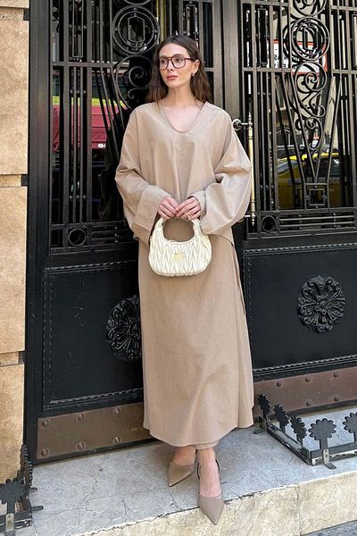 Ceylan Otantik Caramel Organic Linen Wrap Skirt & V-Neck Blouse Set